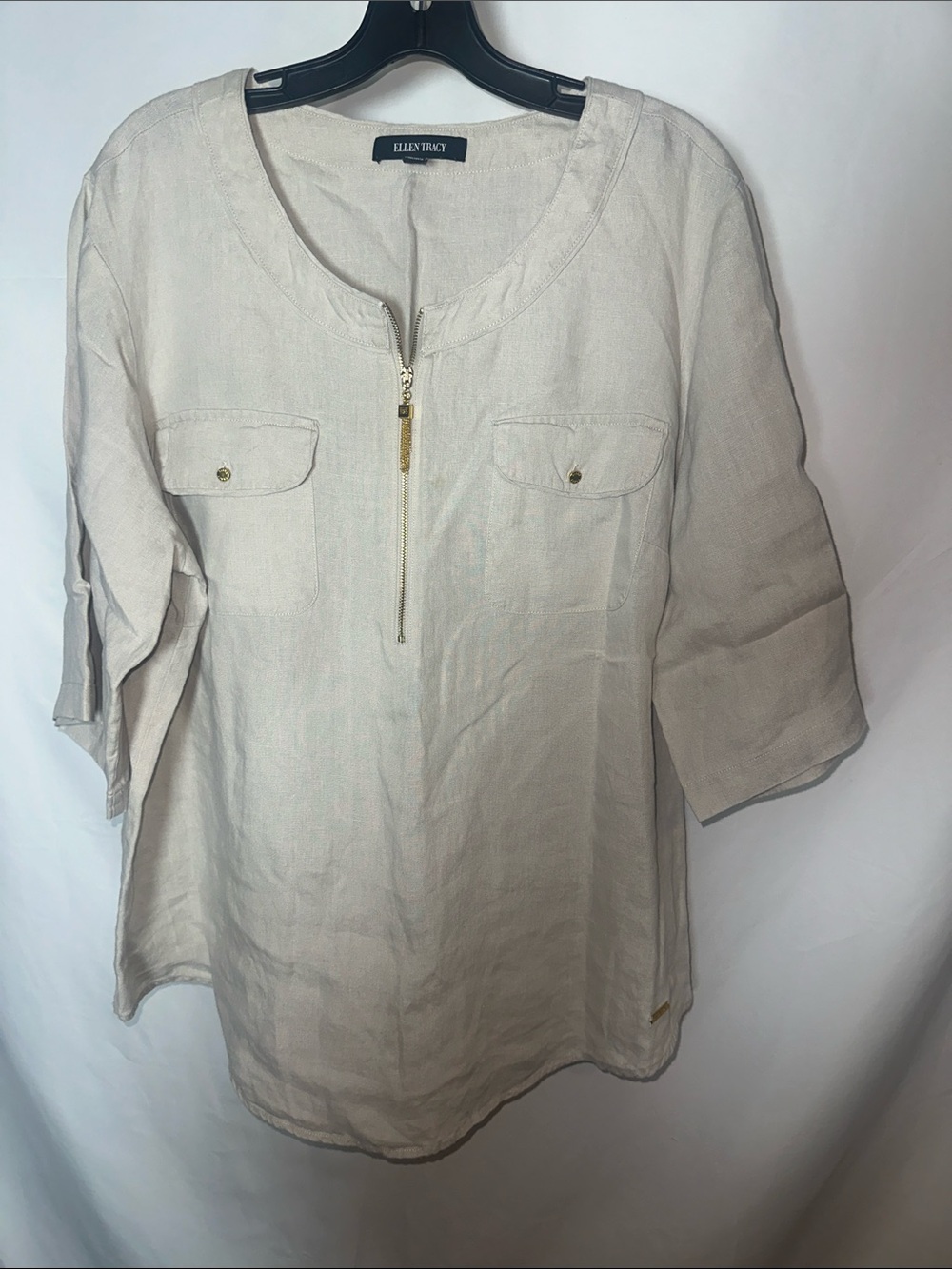Ellen Tracy Cream Linen-Blend Half-Zip Tunic